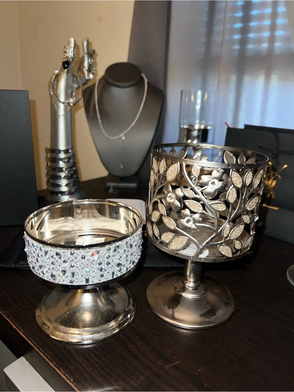 Bath & Body Works Silver Dogwood Candle Pedestal &Bejeweled Silver Candle Holder - Picture 6 of 15